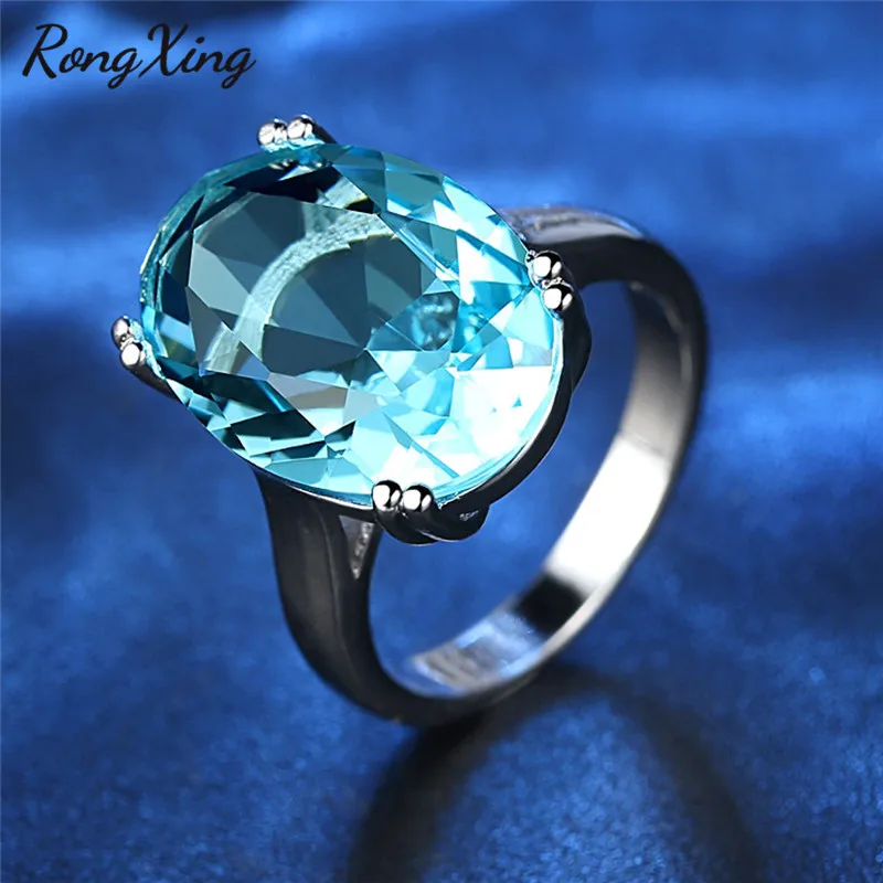 RongXing 925 из серебра Aqua синий камень кольца для Для женщин декабрьский день рождения подарок Женские Простые Модные Большой овальный камень кольцо