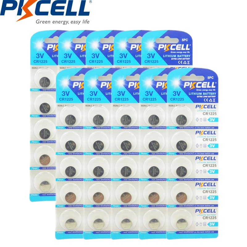 

50PCS /10card PKCELL CR1225 LM1225 BR1225 ECR1225 KCR1225 CR1225 3V Button Coin Cell Battery 3V lithium batteries