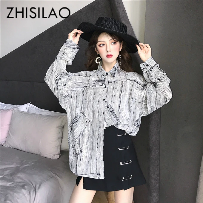 

Spring Autumn 2019 Stripe Long Sleeve Women Blouse Plus Size Graffiti Vintage Fashion Shirt Retro Blouse Femme Street Wear Chic