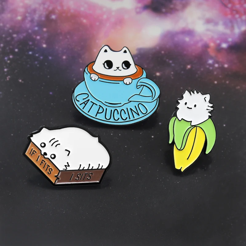

Cute Cat Brooch Banana Cat Box Lazy Cat Coffee Cup IF I FITS I SITS Kawaii Cats Collection Enamel Pin Denim Badge Friends Gifts