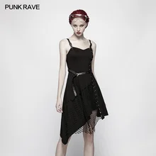 Панк Rave женское платье панк Черное хлопковое Сетчатое облегающее повседневное сексуальное модное асимметричное платье без рукавов для женщин