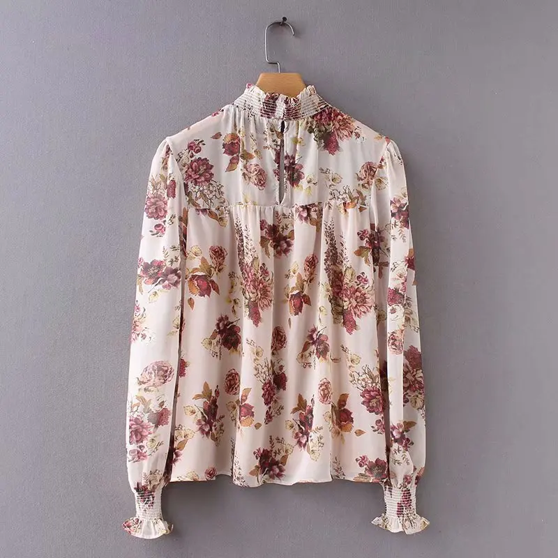 Женская винтажная шифоновая блузка с милым цветочным принтом, повседневная женская рубашка со стоячим воротником и оборками, женские блузы, шикарные топы LS2692