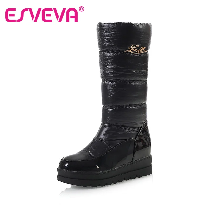 

ESVEVA Height Increasing Snow Boots For Women Round Toe Slip On Platform Down Cotton Short Plush Knee-High Boots Winter Shoes