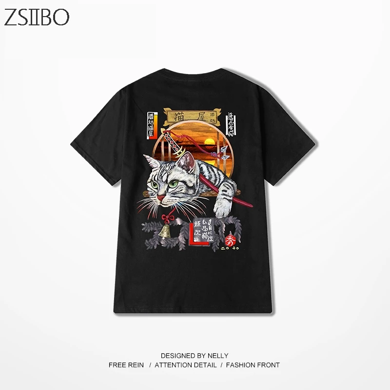 Anime Cat Print Funny Streetwear T-shirt 100%Cotton loose men and women Tshirt trend graffiti T-shirt men
