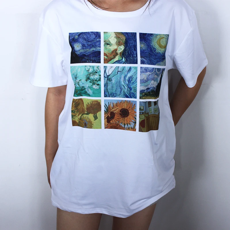 Женские модные футболки и топы размера плюс, короткий рукав, Модальные повседневные женские футболки, белые футболки с рисунком Ван Гога, подарок