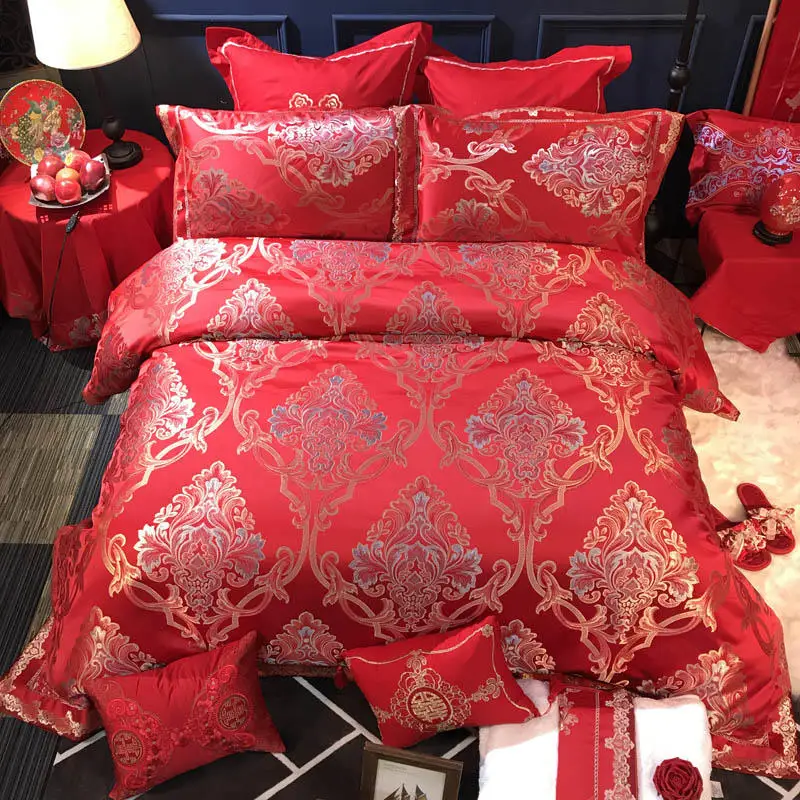 Luxury Royal Wedding Silky Satin Bedding set Red Queen King size Cotton