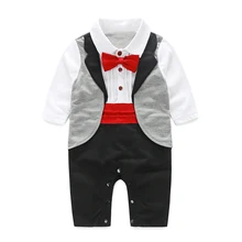 Baby Gentleman Tuxedo Rompers Bebe Menino infant Suit For Wedding Newborn Boys Jumpsuit Neck Tie Baby Wedding Suit Party Clothes