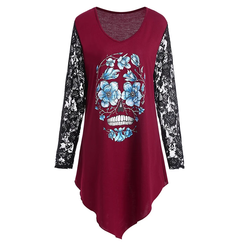 Women Skull Printed T Shirt Hollow Out Lace Long Sleeve