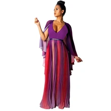 new women's chiffon dress big swing contrast color dress pleated shawl V-neck dress contrast mesh dress