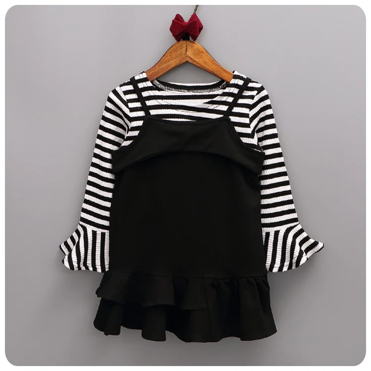 

Girl Children's Garment Autumn 2 Pieces Set Girl Baby Stripe T-Shirt Unlined Upper Jacket Straps Camisole Skirt Suit