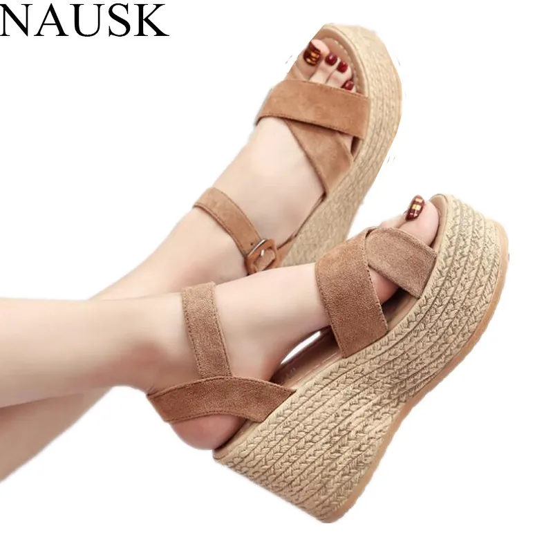 

NAUSK Summer Buckle Women Sandals Velvet Flock Fish Mouth Fashion Platform Open Toes Wedges Chaussures Femme Sandalias Shoes