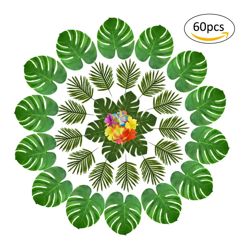 

2018 60PCS Hawaii Tropical Palm Leaves Hibiscus With Stem Leaf Set Party Cocktail Reception Table Beach Decoration Set