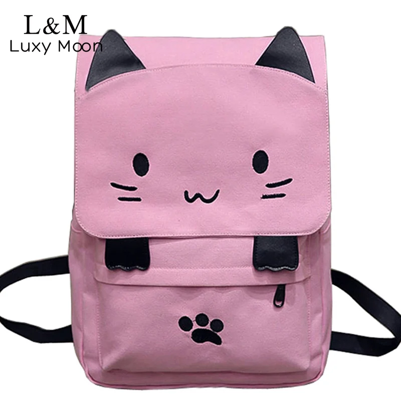 Cute Cat Canvas Backpack Cartoon Embroidery School Bag For Teenage Girls Backpacks Casual Ears Large Bags