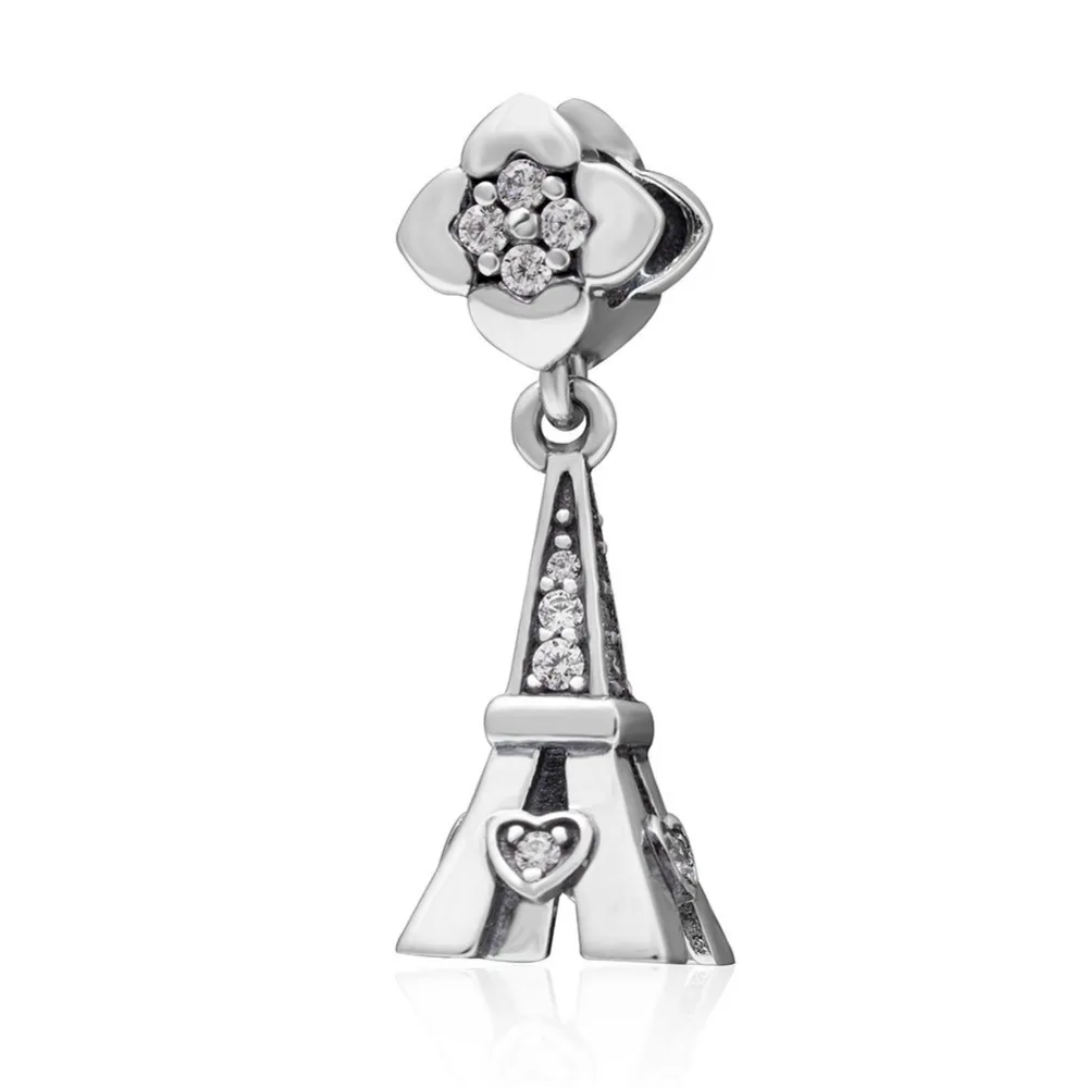 Paris Eiffel Tower Charms with Flower 925 Sterling Silver Bead Fit