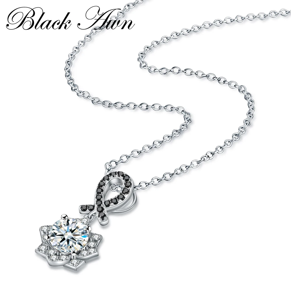 [BLACK AWN] Trendy Silver Color Jewelry Black Spinel Flower Necklace for Women Girl's Pendants P157