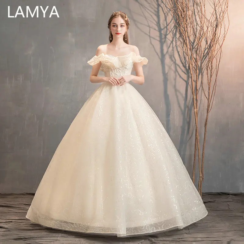 Lamya Elegant Champagne Ruffles Wedding Dresses Lace Up Sequined