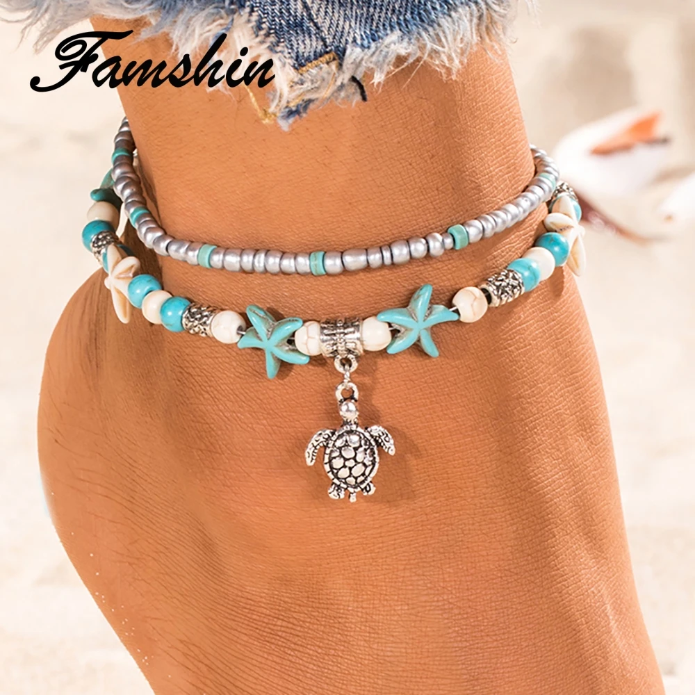 

FAMSHIN New Design Shell Anklet Beads Starfish Anklets For Women Multi Layer Bracelet Handmade Bohemian Leg Jewelry Sandals Gift