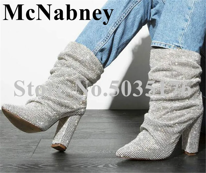 

European Bling Bling Women Pointed Toe High Hoof Heel Mid-Calf Pleated Boots High Heel Boots Slip-On Spring/Autumn Women Shoes