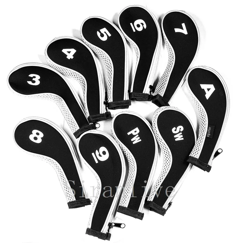 High Quality 10Pcs Rubber Neoprene Golf Head Cover Golf Club Iron Putter Protect Set Number Printed with Zipper Long Neck