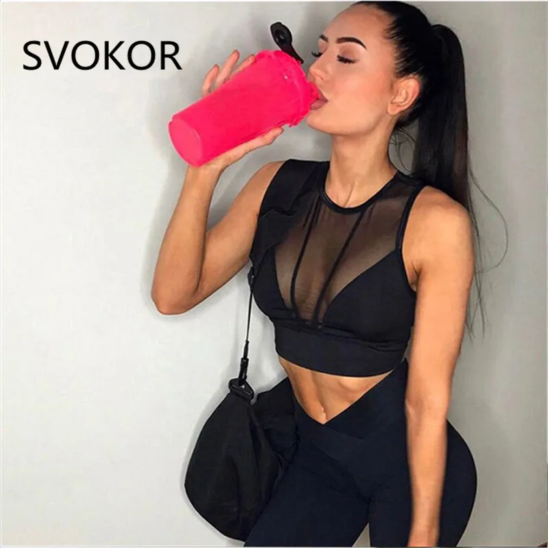 

SVOKOR Mesh Women Tops Cotton Solid Short Crop Clothes Patchwork Elasticity Sexy Perspective Fitness Tops For Female