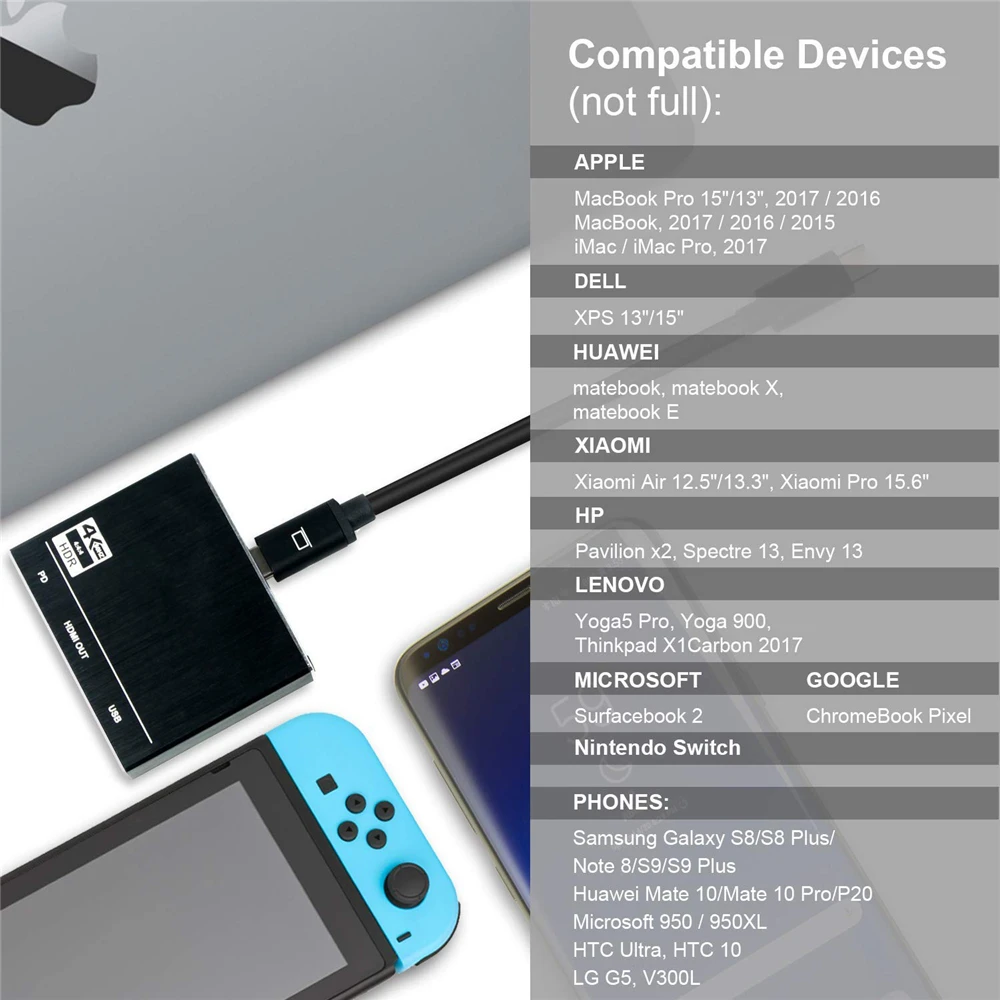 Адаптер зарядный 3 в 1 с портом USB Type C на Thunderbolt HDMI 2 0 4K 60 Гц 100 Вт|Кабели VGA| |