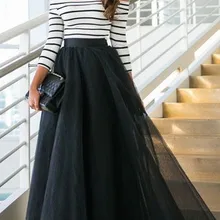 Длинные юбки черного цвета дешевая цена реальные изображения длина до пола тюлевые юбки осенние женские плиссированные юбки