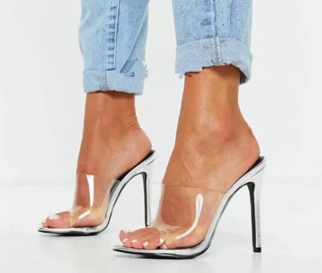

Big Size 47 Girls Transparent PVC Peep Toe Slip On Stiletto Heels Sexy Party Night Club Sandals Slides Shoes Woman Slippers