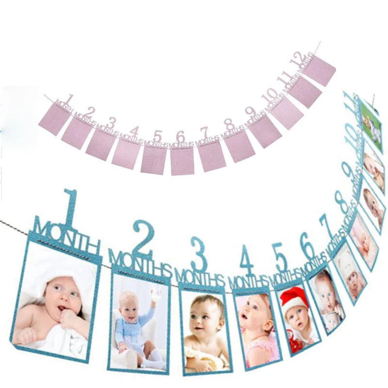 Kids Birthday Gift Decorations 1-12 Month Photo Clip Banner Monthly Photo Wall 