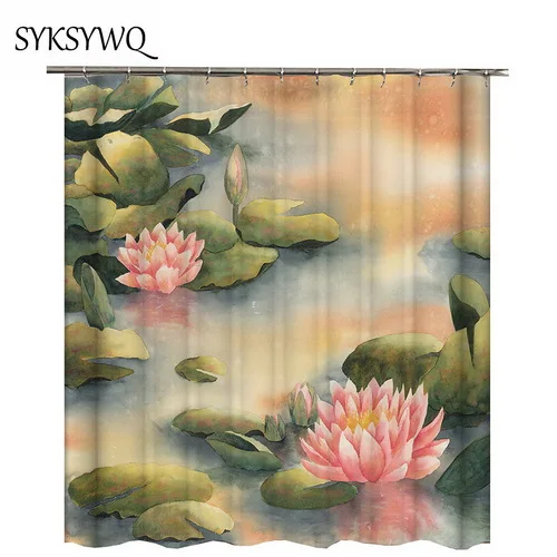 Water lily shower curtain waterproof 2018 new design pink flower