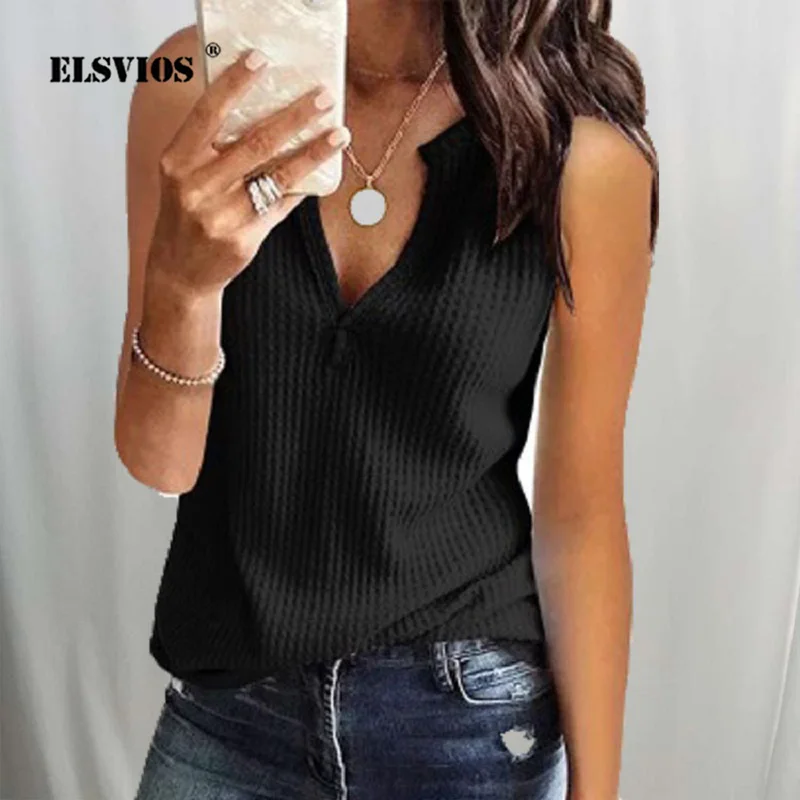 

ELSVIOS 2019 Summer New Knit V-neck Blouse Shirt Women Casual Off Shoulder Slim Fit Tops Elegant Solid Beach Plus Size Blouses