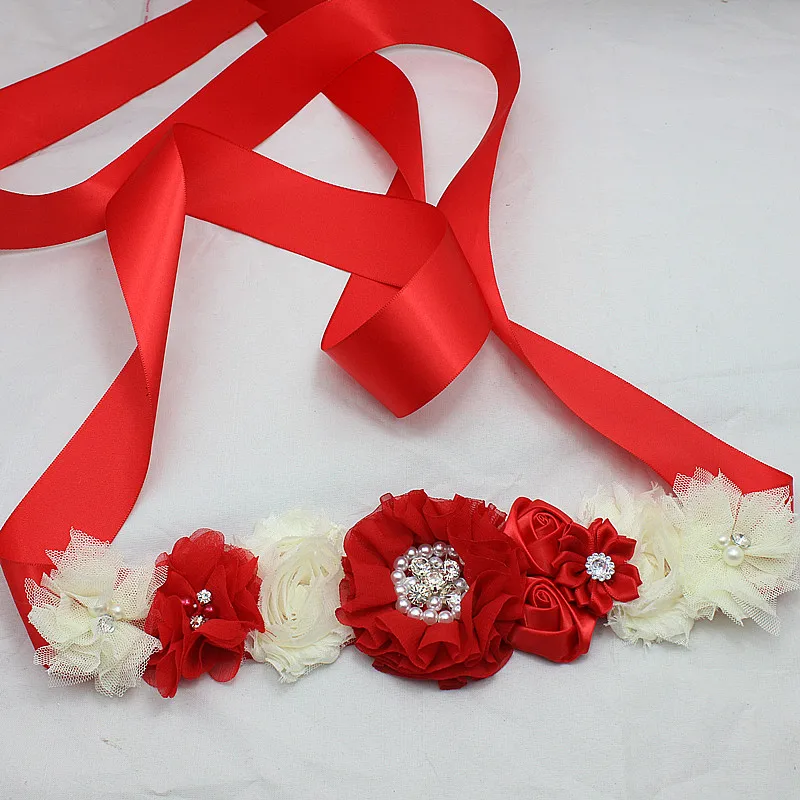 RED and ivory chiffon shabby Flower Sash belt Bridesmaid Bridal tulle