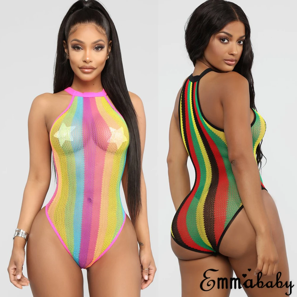 

2019 Fashion Women Mesh One-Piece Swimsuit Beachwear Swimwear Push-up Monokini Bikini Stripe Backless Bathing
