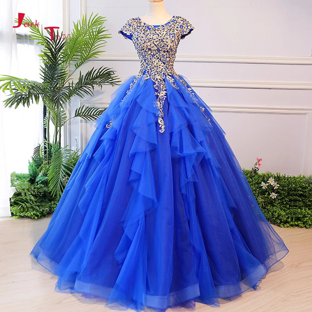 

Jark Tozr 2019 New Arrive Short Sleeve Lace Up Beading Gold Appliques Blue Quinceanera Dresses For Girl With Petticoat 15 Anos