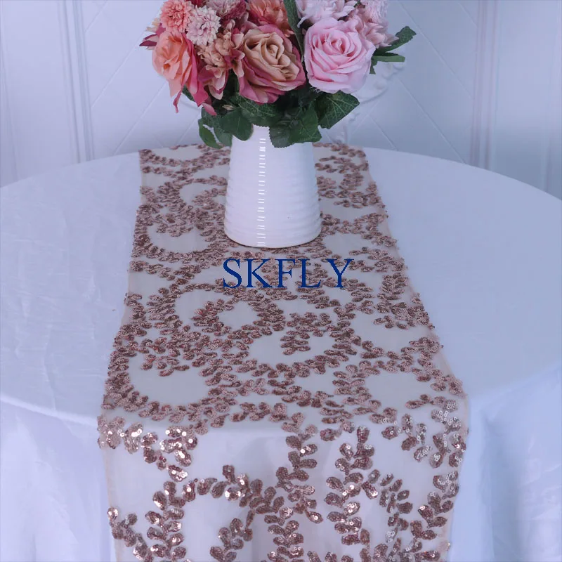 RU021A узор Горячая сделанная на заказ Свадебная популярная блестящая розовая золотая вышивка блесток настольная дорожка