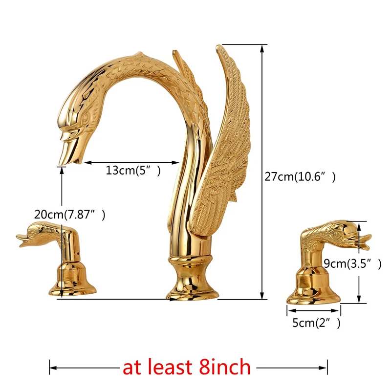 Золотой лебедь стиль широко распространенный кран для раковины в ванной комнате в форме животного на бортике смеситель кран с двумя ручками 3 отверстия смеситель элегантный кран