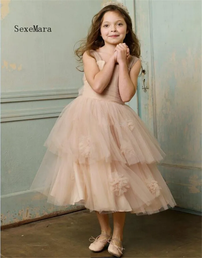 

Beautiful New Customized Flower Girl Dresses Ruched A-Line Tulle Tea-Length Champagne Pageant Dresses Size 2 4 6 8 10