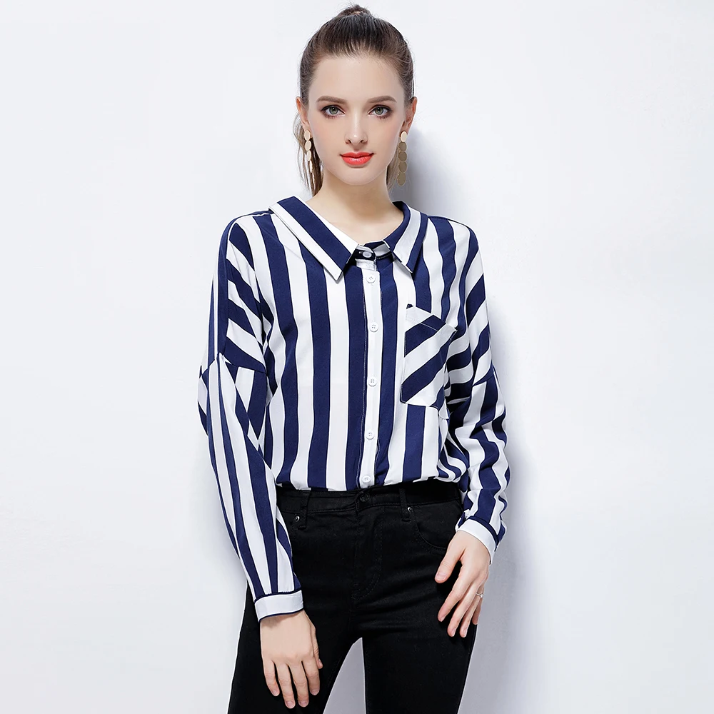 BIBOYAMALL 2018 новая полосатая блузка женская Blusas свободные с длинным рукавом Женские