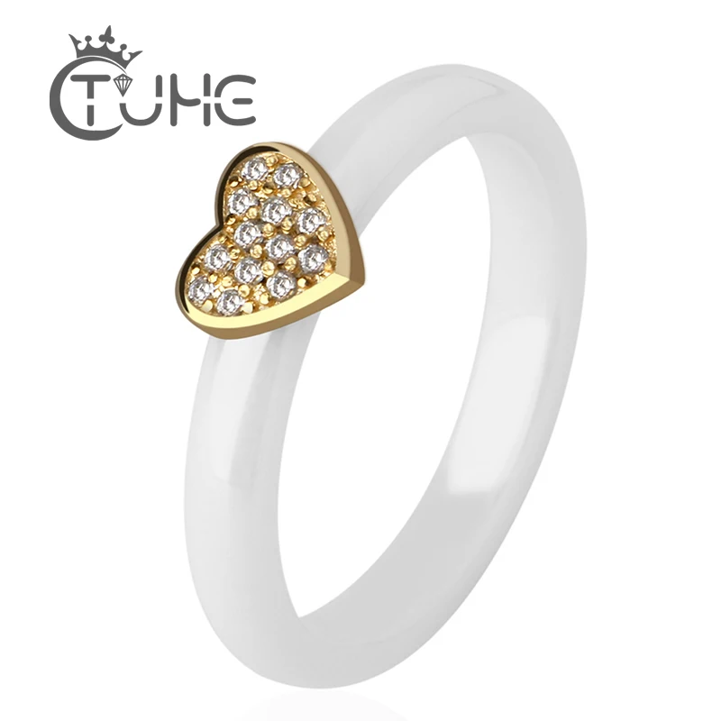 

3mm Gold Heart Rings for Women Gift Bling Crystal Fashion Temperament Healthy Hypoallergenic Ceramic Ring Jewelry Christmas Gift