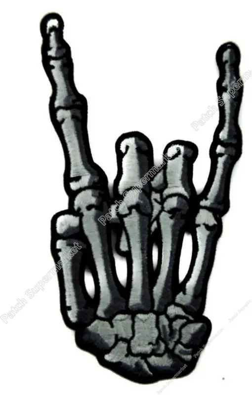 

4" Skeleton Hand Horns Up Metal Sign EMBROIDERED PATCH HEAVY ROCK Iron On Sew On applique badge wappen biker vest emblem