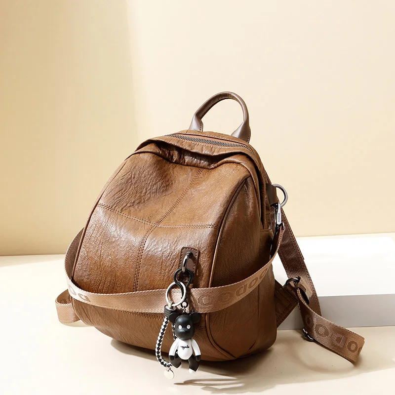 Бренд DOODOO, Подростковый рюкзак, женская сумка из искусственной кожи, рюкзаки для путешествий, многофункциональные школьные сумки с украшением в виде медведя, новинка - Цвет: Brown