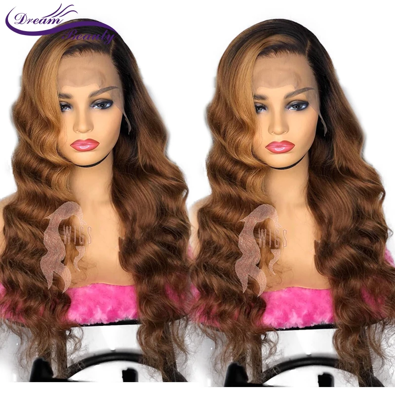 

Ombre Glueless Human Hair Lace Front Wig 180% Brazilian Remy Wavy Hair Ombre Highlights Color PrePlucked Hairline Dream Beauty