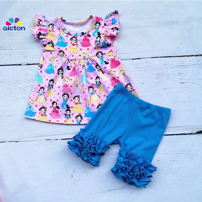 

AICTON Newest Girls Boutique Clothing Sets Princess Print Pearl Dress Outfits with icing ruffle shorts