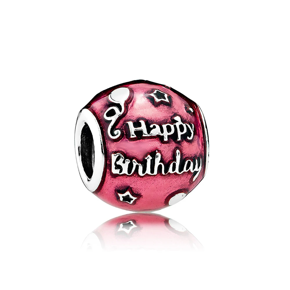 

NEW 100% 925 Sterling Silver Birthday Celebration Charm Transparent Cerise Enamel Bead Fits Original Bracelets DIY Jewelry