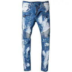 Синие джинсы Для мужчин классические модные байкерские джинсы прямые полной длины Повседневное Дизайн стрейч обтягивающие джинсы Для