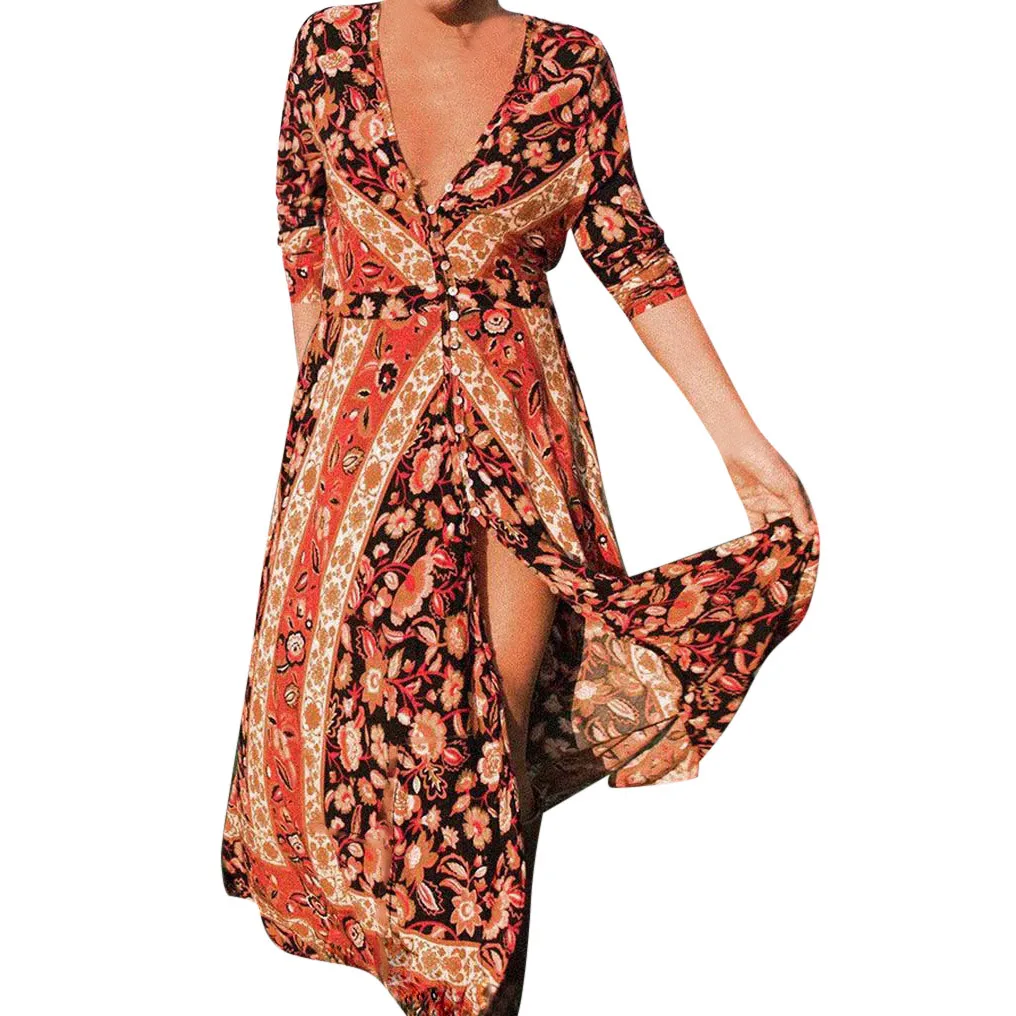 

KLV 2019 Women's Fashion Bohemia Printing Dress Long Beach Dress free shipping D4