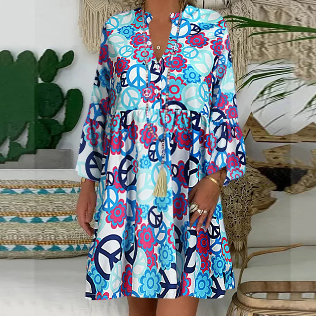 

Women's summer dresses Casual Printed V-Neck Buttoned Loose Boho Dress Fashion large size women's dresses Plus Size