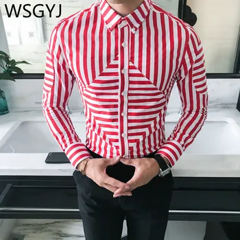 

Men Night Club Prom Shirts Casual Slim Fit Long Sleeve Striped Tuxedo Shirt Male Fashion 2019 Camisa Social Masculina 3XL-M