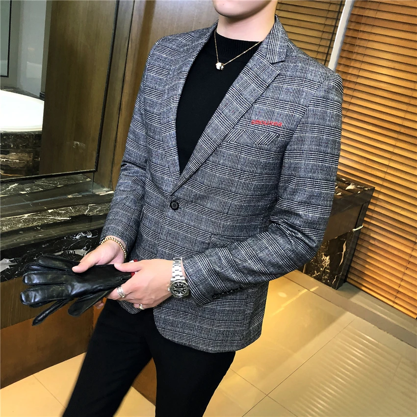 

2018 Autumn New Mens Suit Jackets Business Casual Plaid Striped Suit Jacket Men Slim Elegant Male Blazer Coats Size S-5XL
