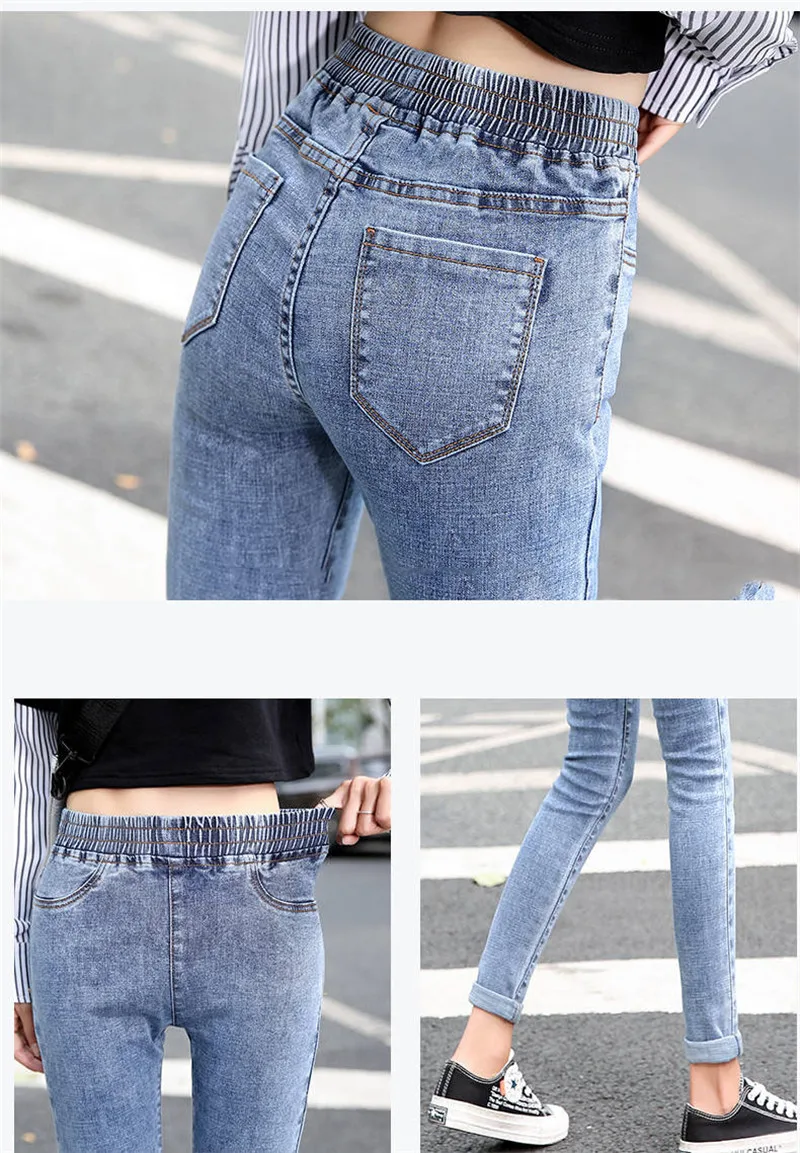 Модные Джинсовые штаны с эластичной резинкой на талии, женские Стрейчевые узкие джинсы с высокой талией, женские весенние джинсы размера плюс, черные женские штаны