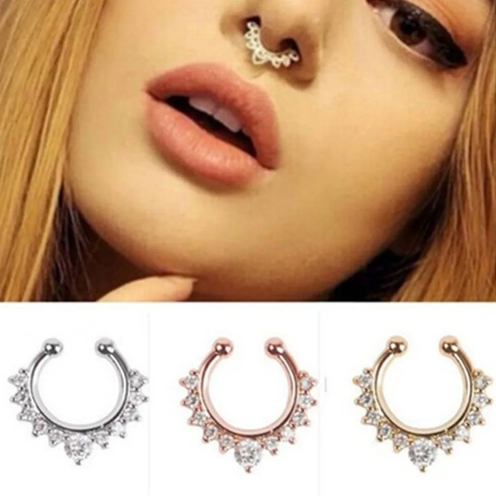 

New Fashion Titanium Crystal Fake Nose Ring Septum Nose Hoop Ring Piercing Body Jewelry drop shipping Freeshipping